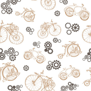 Seamless pattern with retro bicycle and gears. Vector illustration for steampunk design.