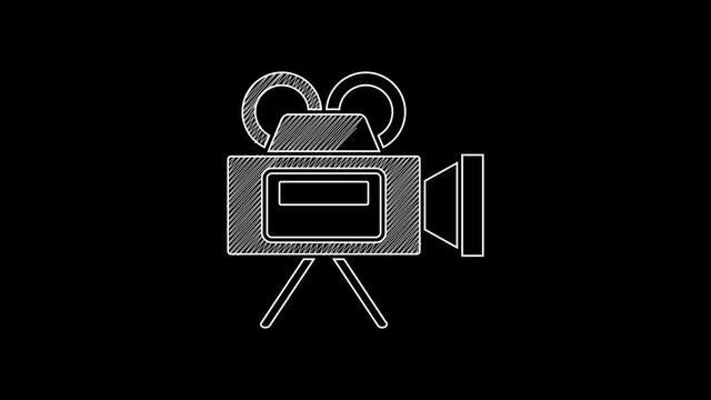 White line Cinema camera icon isolated on black background. Video camera. Movie sign. Film projector. 4K Video motion graphic animation
