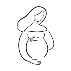Hand drawn pregnant woman, line portrait with hands on belly. Elegant logo