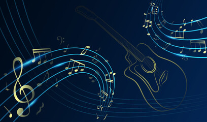 Abstract musical background. Gold music notes and treble clef on line wave of sound tune. Flowing shiny musical waves with notes and silhouette guitar. Design elements for template of music festival.