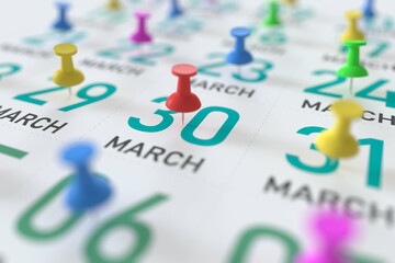 March 30 date and push pin on a calendar, 3D rendering