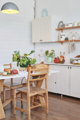 Autumn postcard. Thanksgiving Day. Halloween. White kitchen with pumpkins and flowers. Harvest background