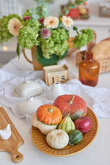 Autumn postcard. Thanksgiving Day. Halloween. White kitchen with pumpkins and flowers. Harvest background