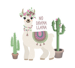 Lama, alpaca with cacti - print for a mug, sticker, t-shirt. No drama llama. - obrazy, fototapety, plakaty