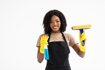 young attractive african woman in rubber gloves with spray and rag isolated on white background