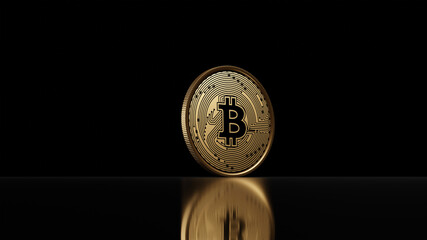 Bitcoin moneta leży na połyskliwej powierzchni mieni się 