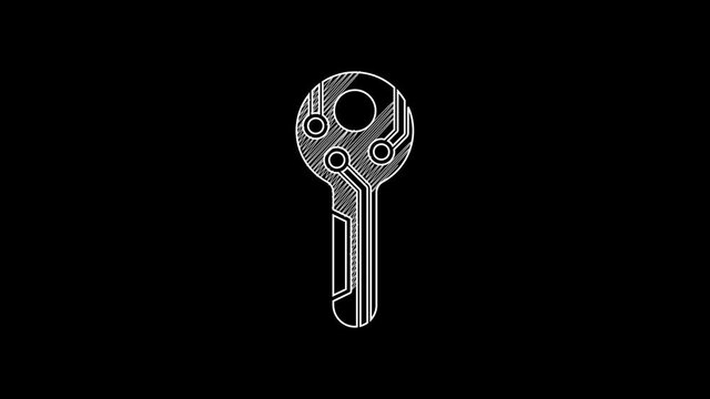 White line Cryptocurrency key icon isolated on black background. Concept of cyber security or private key, digital key with technology interface. 4K Video motion graphic animation