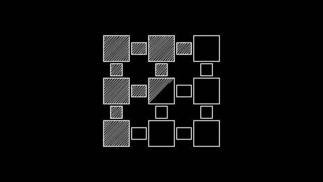 White line Blockchain technology icon isolated on black background. Cryptocurrency data. Abstract geometric block chain network technology business. 4K Video motion graphic animation