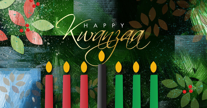 Happy Kwanzaa script brush stroke and leaves graphic background