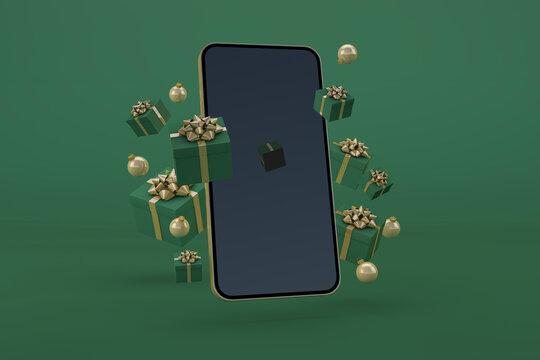 Christmas mockup with smartphone and Christmas gifts floating. 3d render