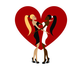 Beautiful lesbian couple girls in love with heart isolated icon. LGBT vector illustration. Homosexuality, pride, diversity, equality, freedom concept.	