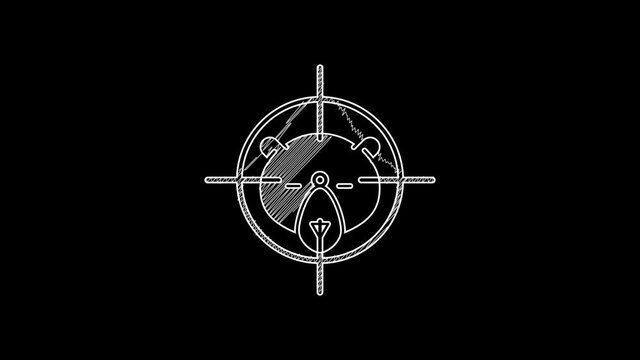 White line Hunt on bear with crosshairs icon isolated on black background. Hunting club logo with bear and target. Rifle lens aiming a bear. 4K Video motion graphic animation