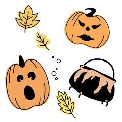 Vector set Halloween with pumpkins, witch's cauldron, autumn leaves isolated