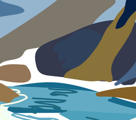 mountain lake shore near the rocks, snow drawing vector illustration