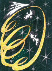White birds fly in black space among the stars inside a large spiral of gold dust. Along the spiral moves the abstract image of the human soul. The illustration symbolizes the cycle of being.