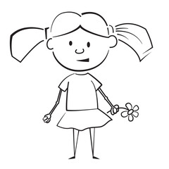 childrens drawing girl with flower vector black and white illustration