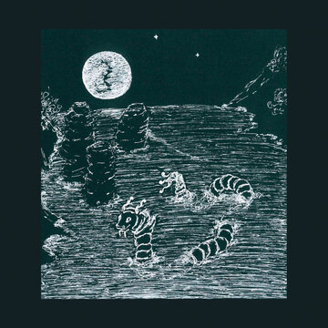 White Big Snake on a black background floats across the ocean among the rocks in the light of the full moon. Handmade graphics for dragon fans. Mystical stylized mythological illustration.