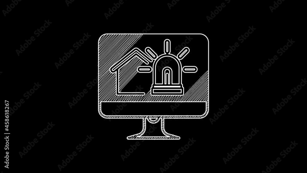 Poster white line computer monitor with smart house and alarm icon isolated on black background. security s