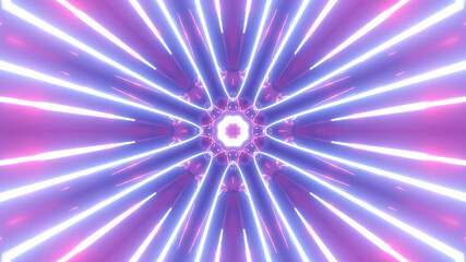 3d render. Sci-fi tunnel with neon lights. Abstract high-tech tunnel as background in the style of cyberpunk or high-tech future. Symmetrical purple light streaks. Round structure with rays