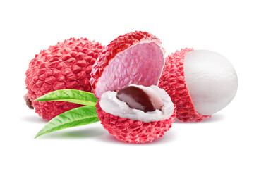 Composition of three lychee fruits isolated on white background.