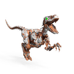 rusty raptor robot is doing a boo pose