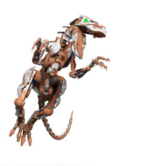 rusty raptor robot is jumping to kill