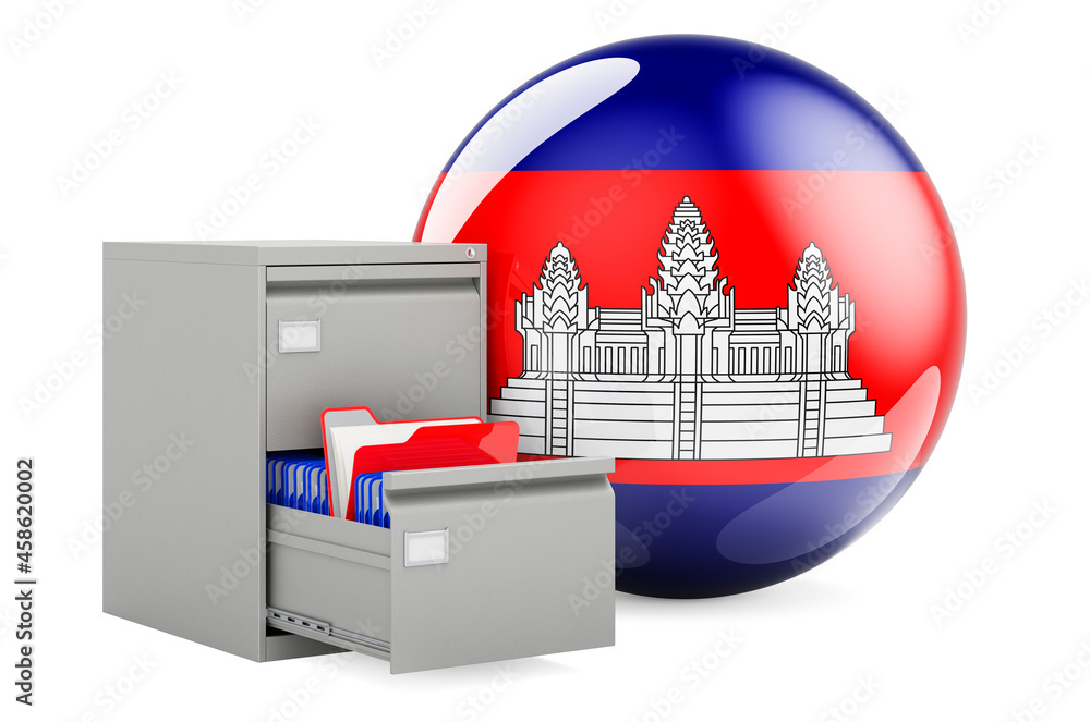 Poster database in cambodia, concept. folders in filing cabinet with cambodian flag, 3d rendering
