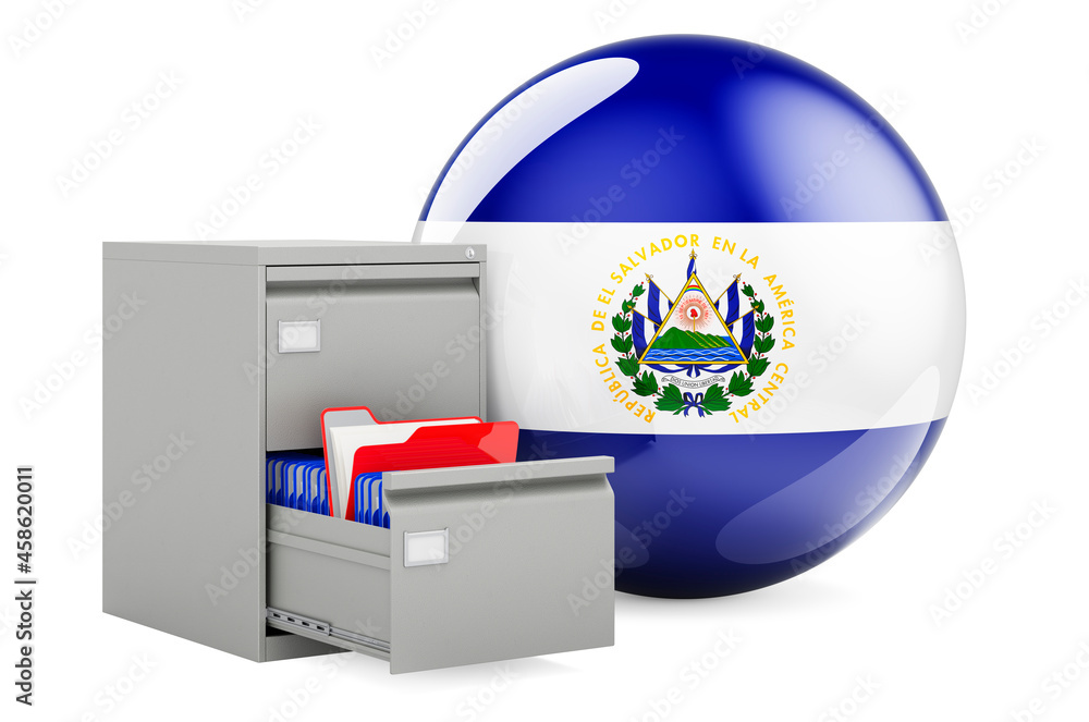 Poster database in el salvador, concept. folders in filing cabinet with salvadoran flag, 3d rendering