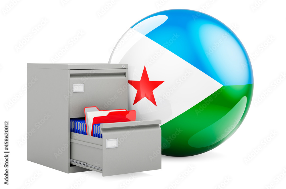 Poster database in djibouti, concept. folders in filing cabinet with djiboutian flag, 3d rendering