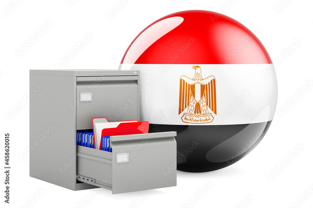 Poster database in egypt, concept. folders in filing cabinet with egyptian flag, 3d rendering