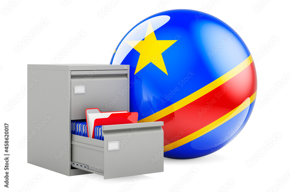 Poster database in democratic republic of the congo, concept. folders in filing cabinet with congolese demo
