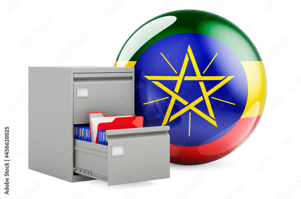 Aufkleber database in ethiopia, concept. folders in filing cabinet with ethiopian flag, 3d rendering