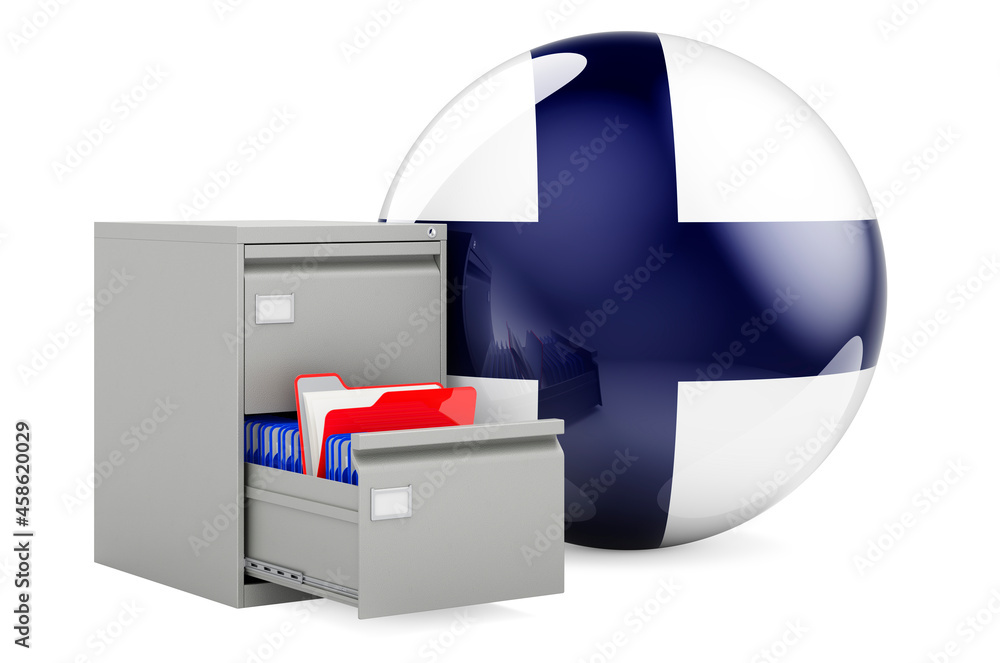 Poster database in finland, concept. folders in filing cabinet with finnish flag, 3d rendering