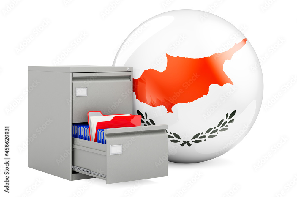 Poster database in cyprus, concept. folders in filing cabinet with cypriot flag, 3d rendering