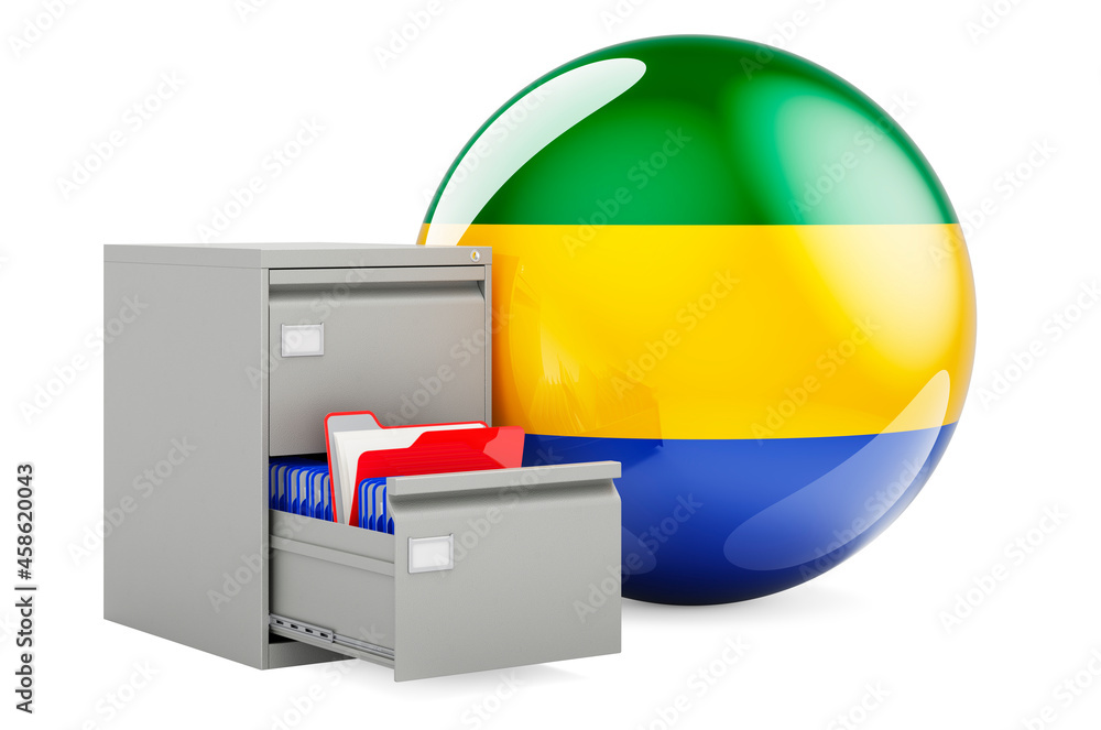 Poster database in gabon, concept. folders in filing cabinet with gabonese flag, 3d rendering