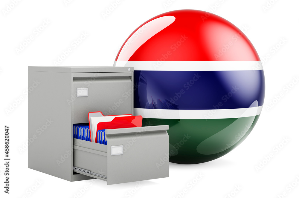Aufkleber database in gambia, concept. folders in filing cabinet with gambia flag, 3d rendering