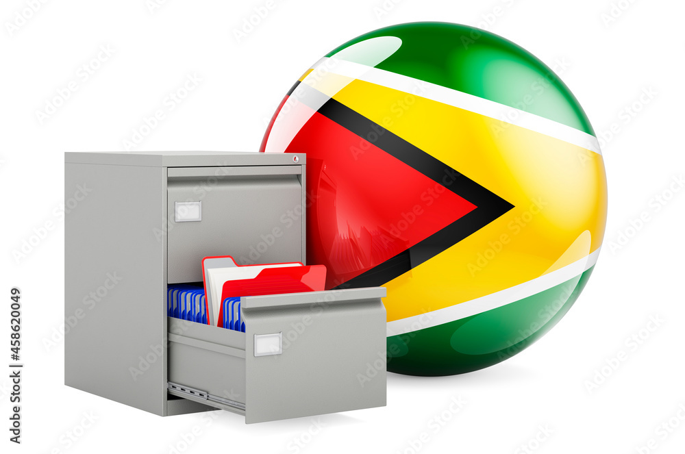 Poster database in gayana, concept. folders in filing cabinet with guyanese flag, 3d rendering
