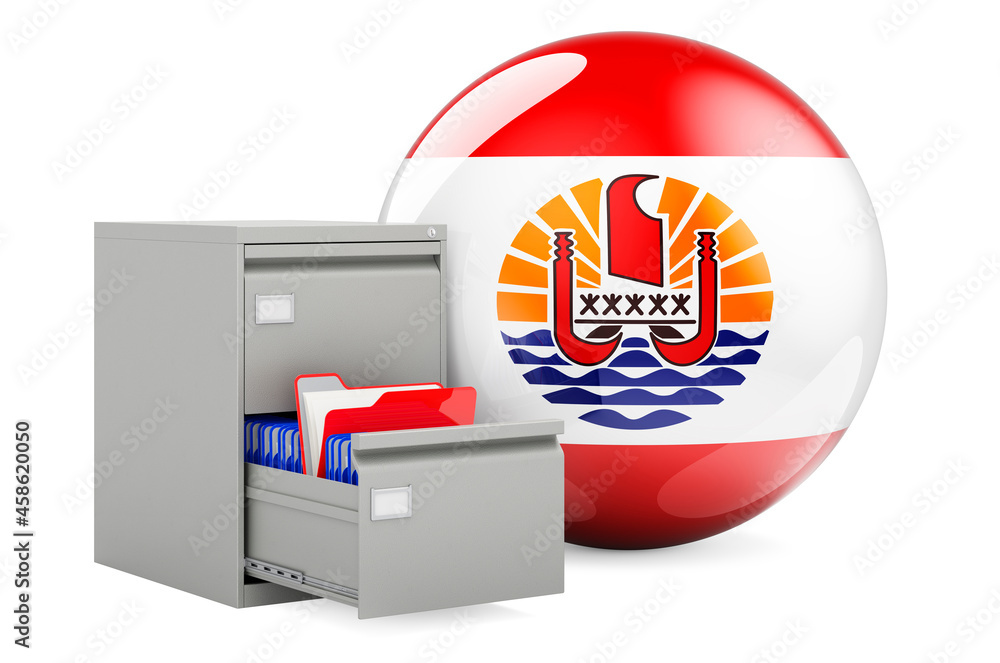 Poster database in french polynesia, concept. folders in filing cabinet with french polynesian flag, 3d ren