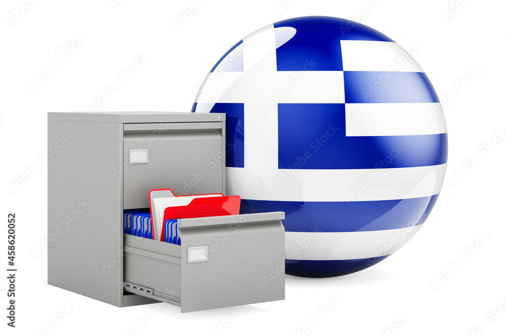 Poster database in greece, concept. folders in filing cabinet with greek flag, 3d rendering