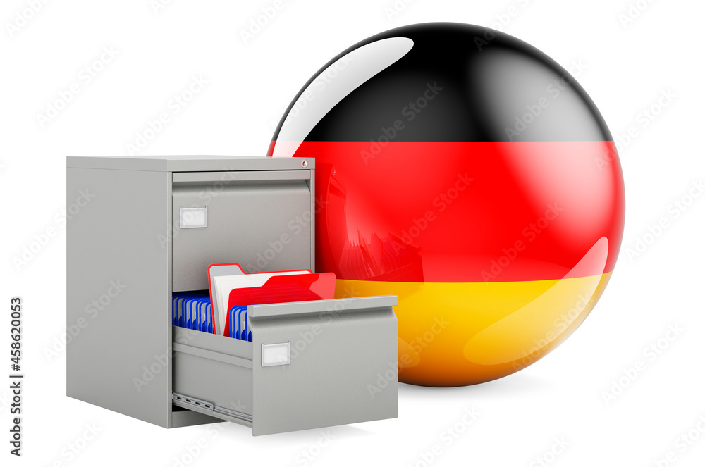 Poster database in germany, concept. folders in filing cabinet with german flag, 3d rendering