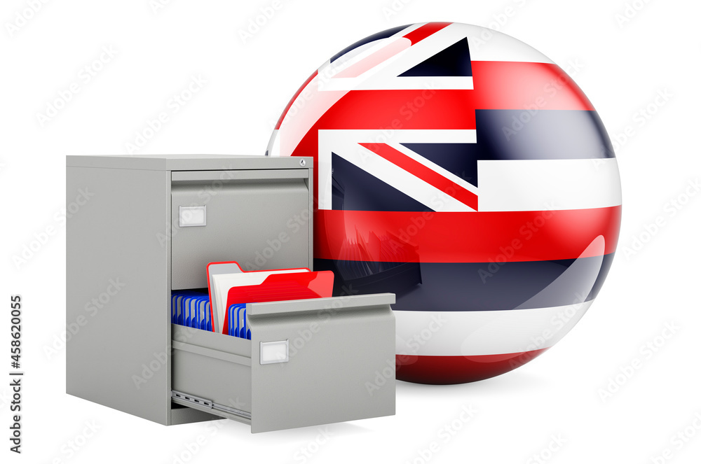 Poster database in hawaii, concept. folders in filing cabinet with hawaiian flag, 3d rendering