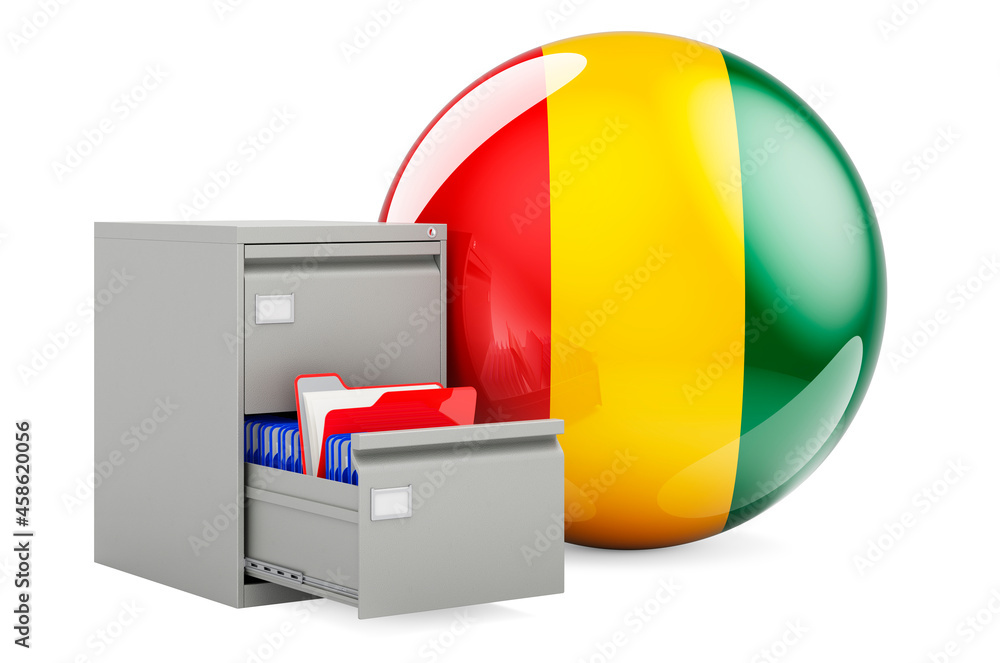 Poster database in guinea, concept. folders in filing cabinet with guinean flag, 3d rendering