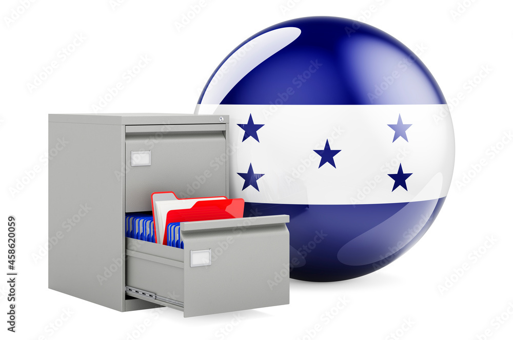 Poster database in honduras, concept. folders in filing cabinet with honduranian flag, 3d rendering