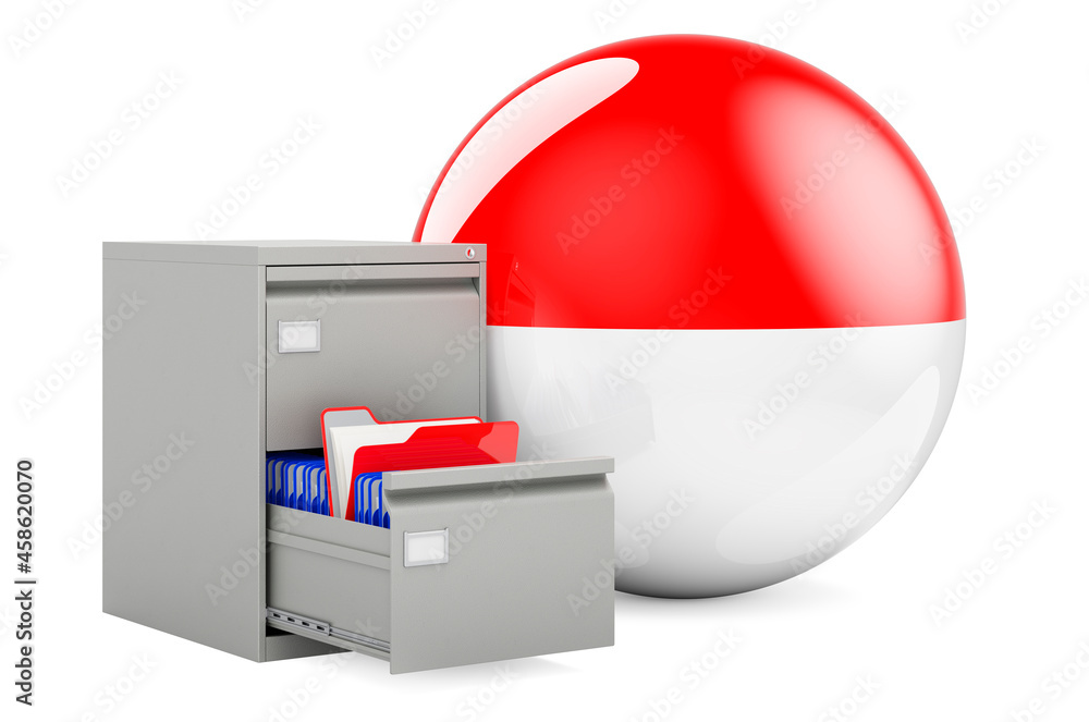 Poster database in indonesia, concept. folders in filing cabinet with indonesian flag, 3d rendering