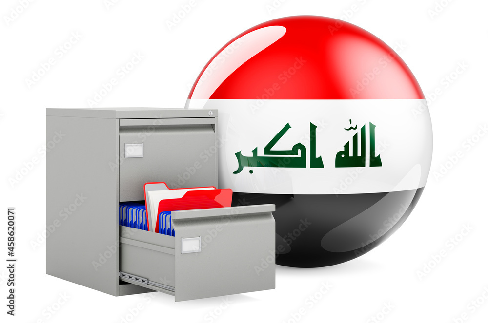 Aufkleber database in iraq, concept. folders in filing cabinet with iraqi flag, 3d rendering
