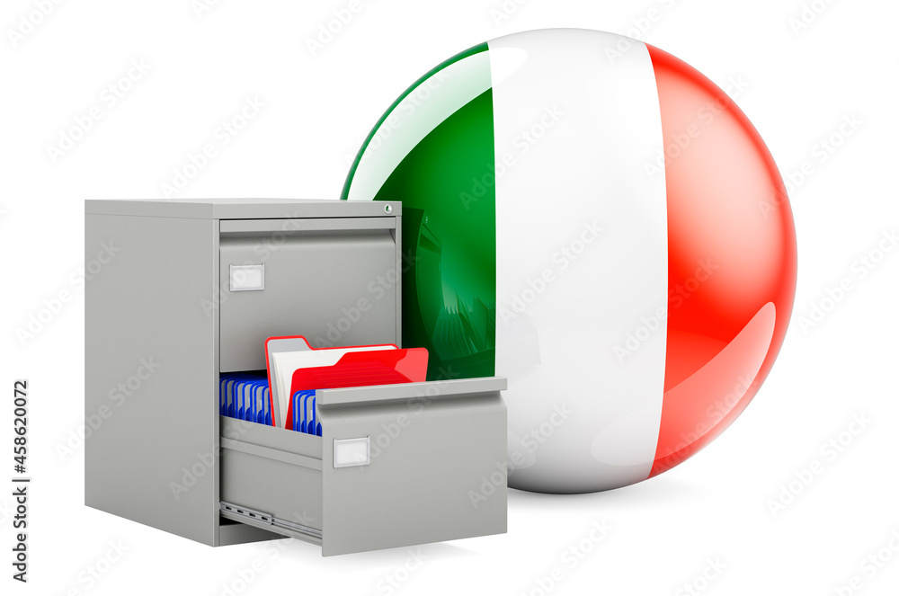 Aufkleber database in ireland, concept. folders in filing cabinet with irish flag, 3d rendering