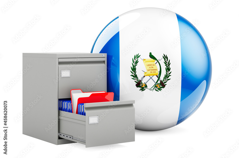 Aufkleber database in guatemala, concept. folders in filing cabinet with guatemalan flag, 3d rendering