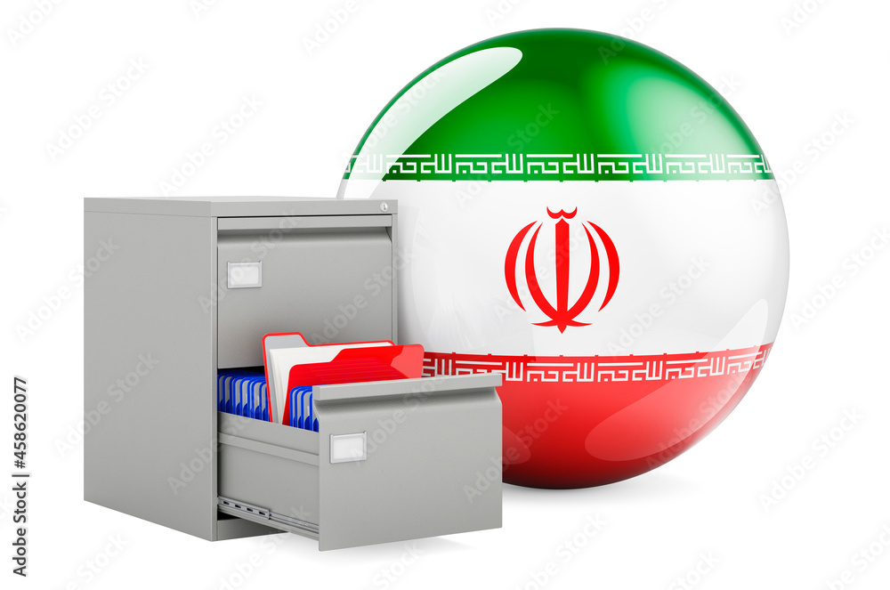 Poster database in iran, concept. folders in filing cabinet with iranian flag, 3d rendering