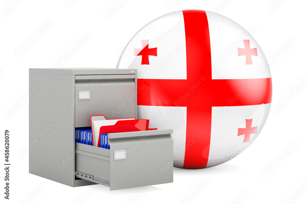 Poster database in georgia, concept. folders in filing cabinet with georgian flag, 3d rendering