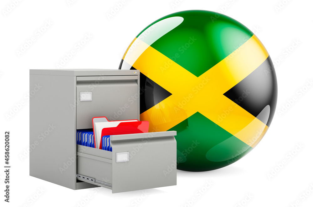 Poster database in jamaica, concept. folders in filing cabinet with jamaican flag, 3d rendering